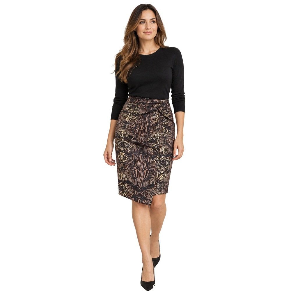 Nicole Miller NWT Women Black Brown Abstract Animal Print Asymmetrical Skirt 12